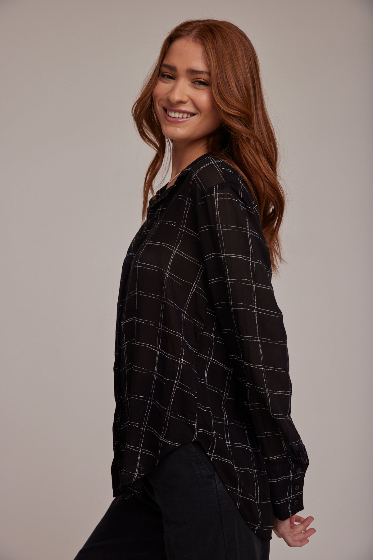 Hidden Placket Button Down | Stippled Plaid Print