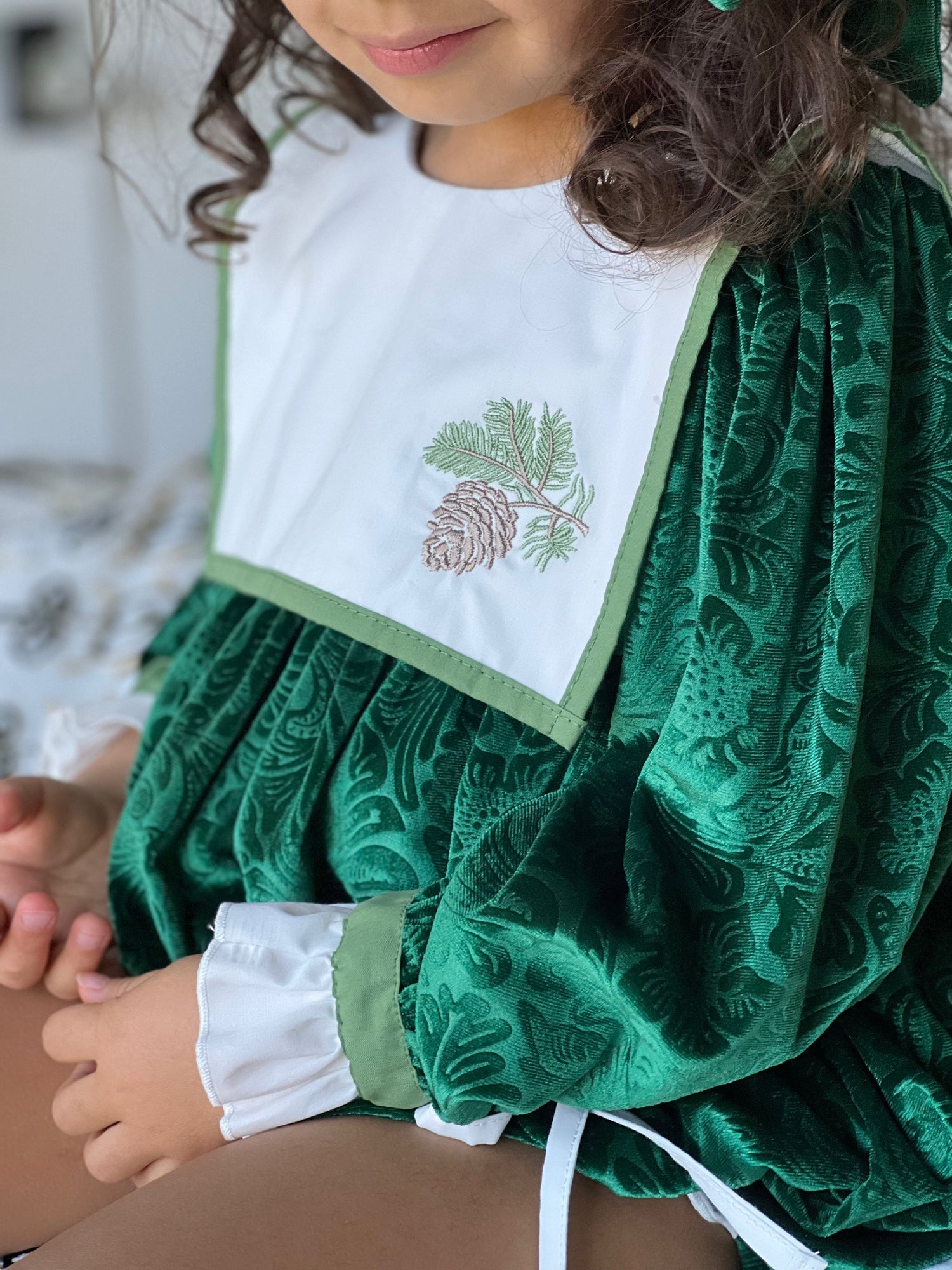 Girl | Everly Damask Velour Romper | Green