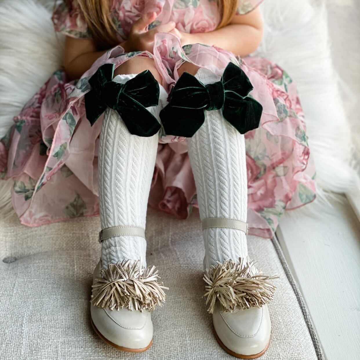 Girl | Knee High Socks Royal Bow | White x Green