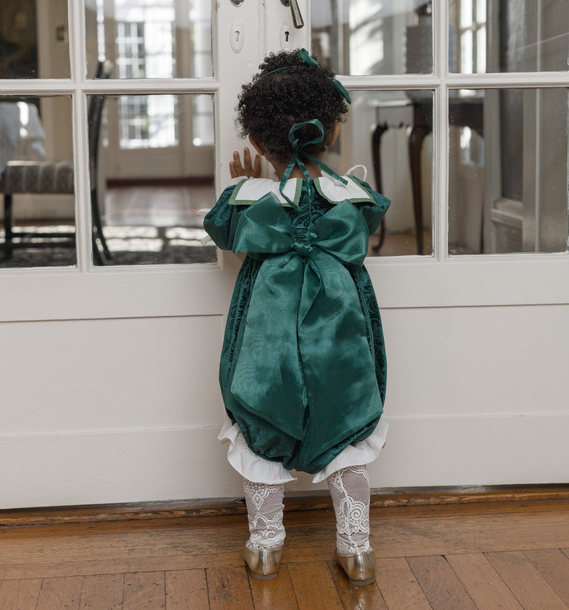 Girl | Everly Damask Velour Romper | Green