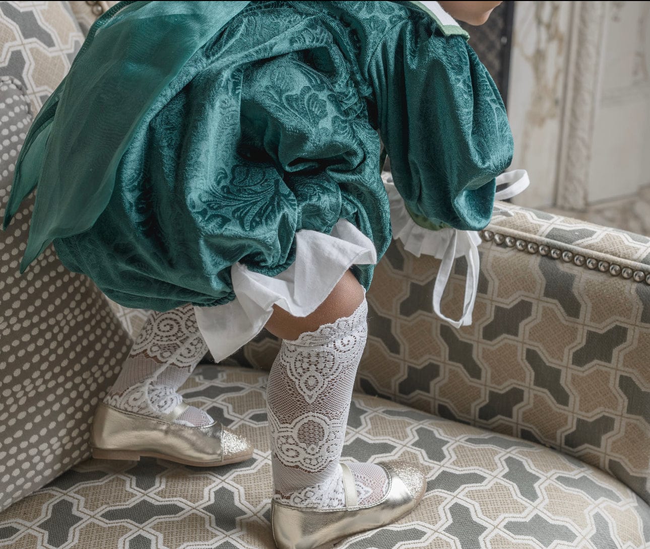 Girl | Everly Damask Velour Romper | Green