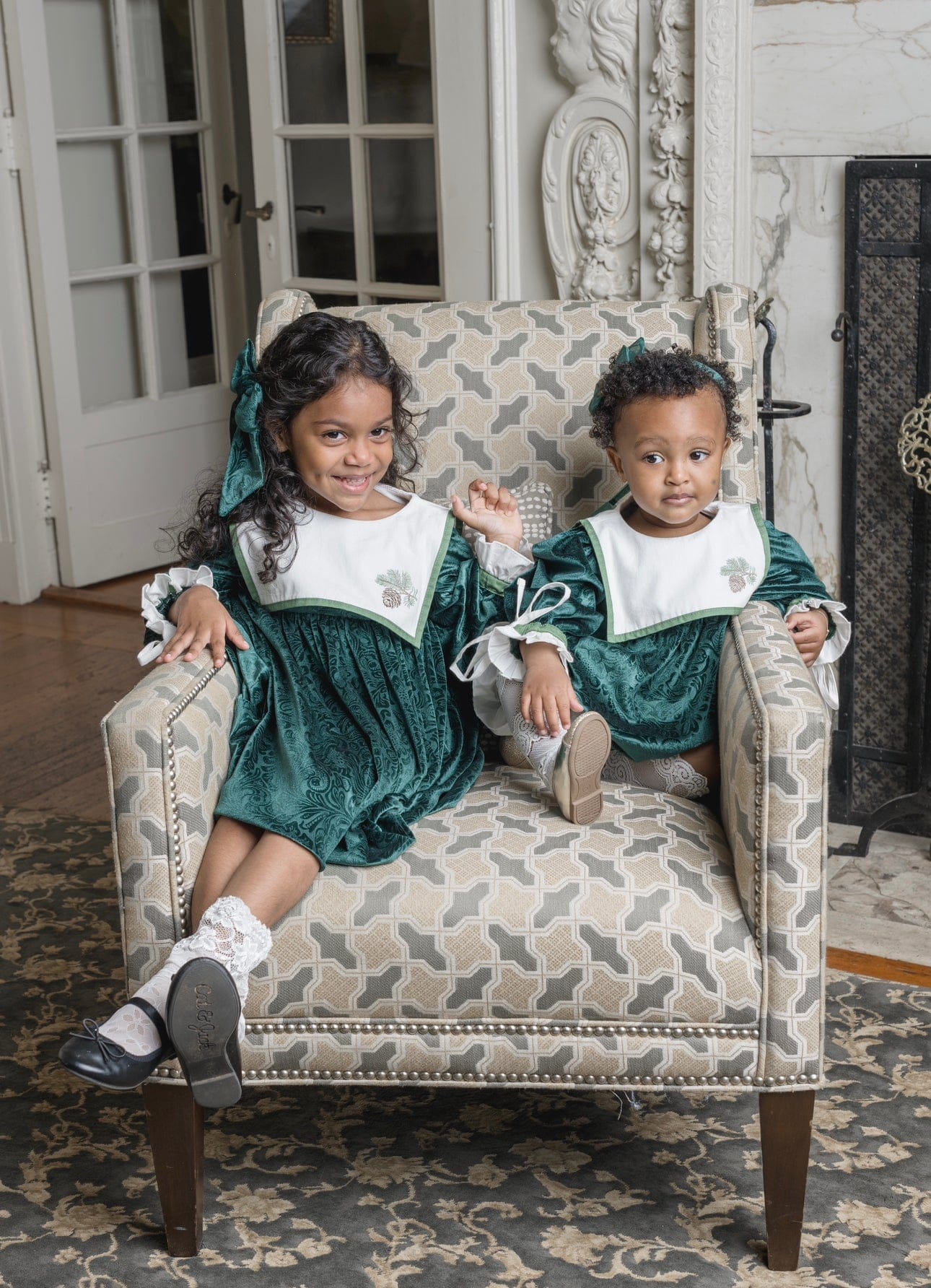 Girl | Everly Damask Velour Dress | Green