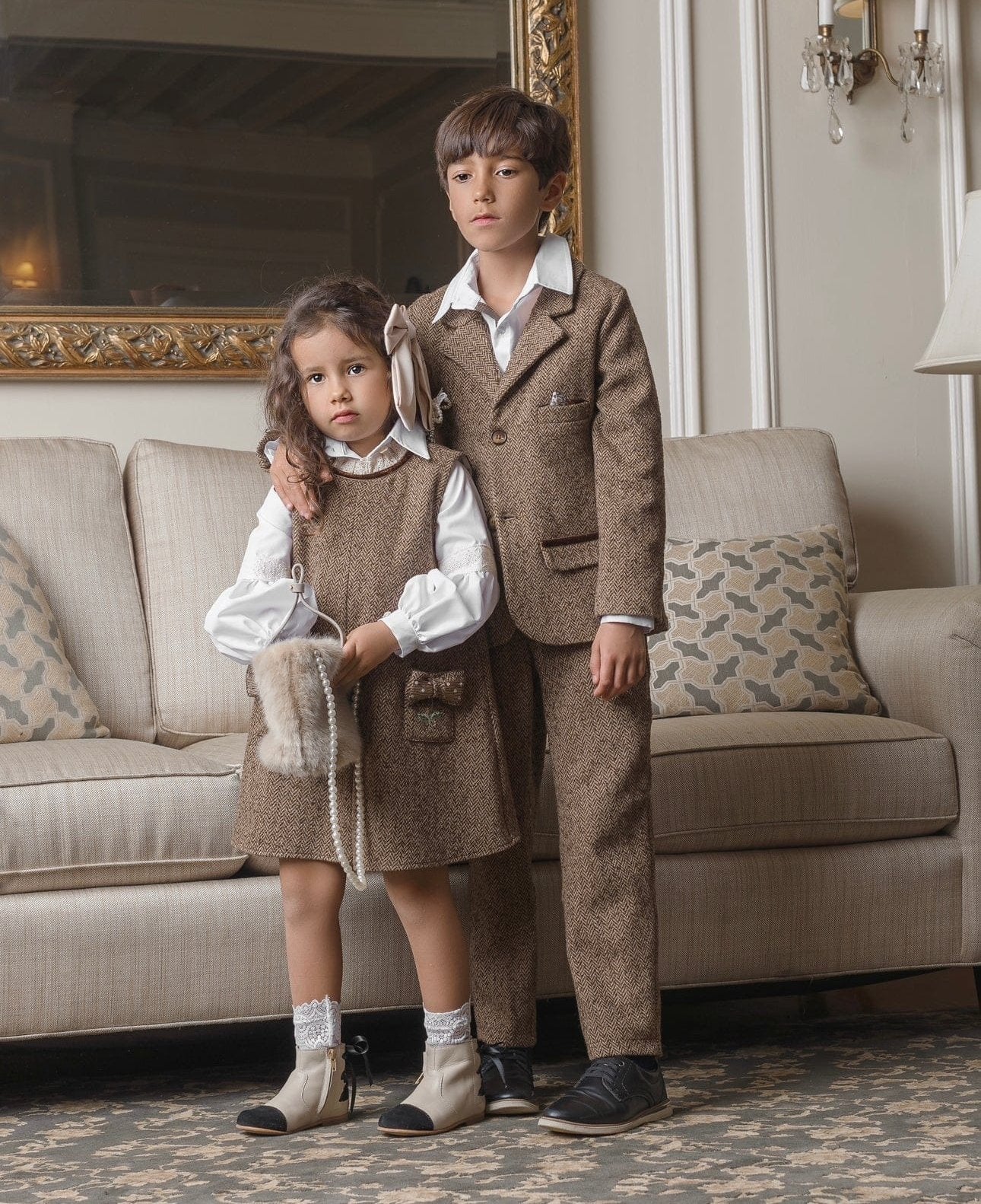 Girl | Herringbone Dress and Blouse Set | Brown x White