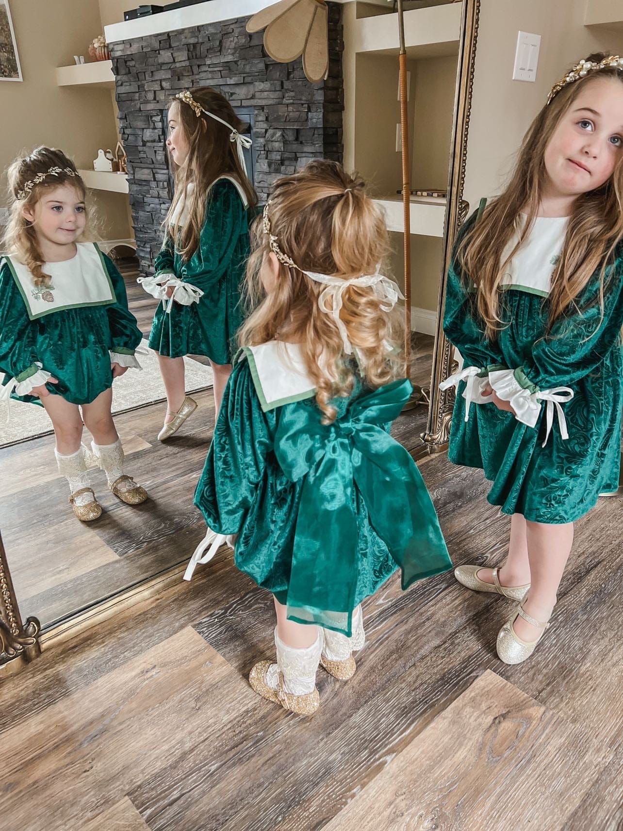 Girl | Everly Damask Velour Romper | Green