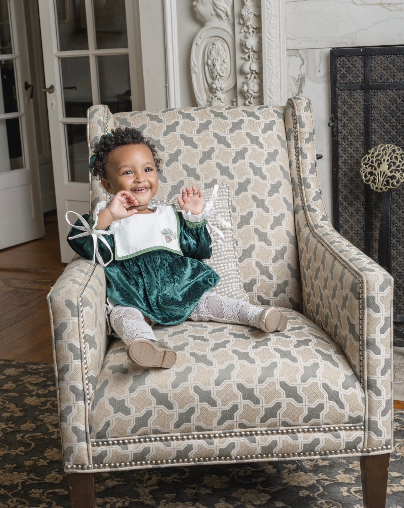 Girl | Everly Damask Velour Romper | Green