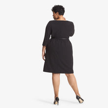 Back image of a woman wearing the etsuko dress in black