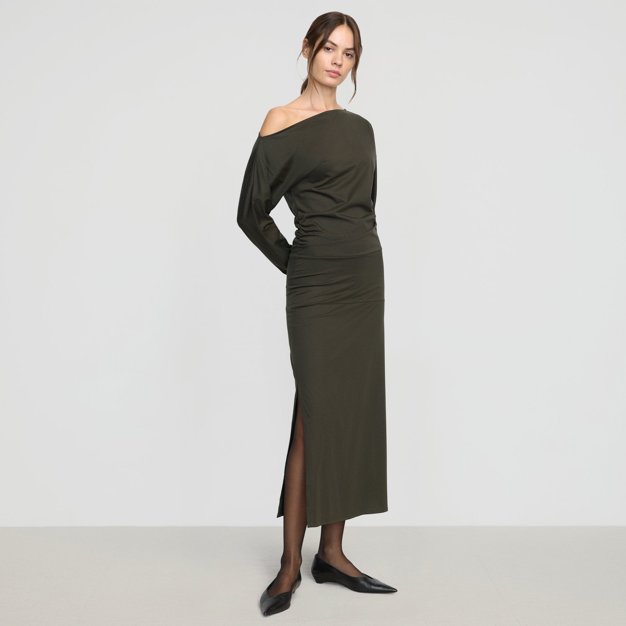 Kezia Off-Shoulder Satin Jersey Dress | Dark Nori