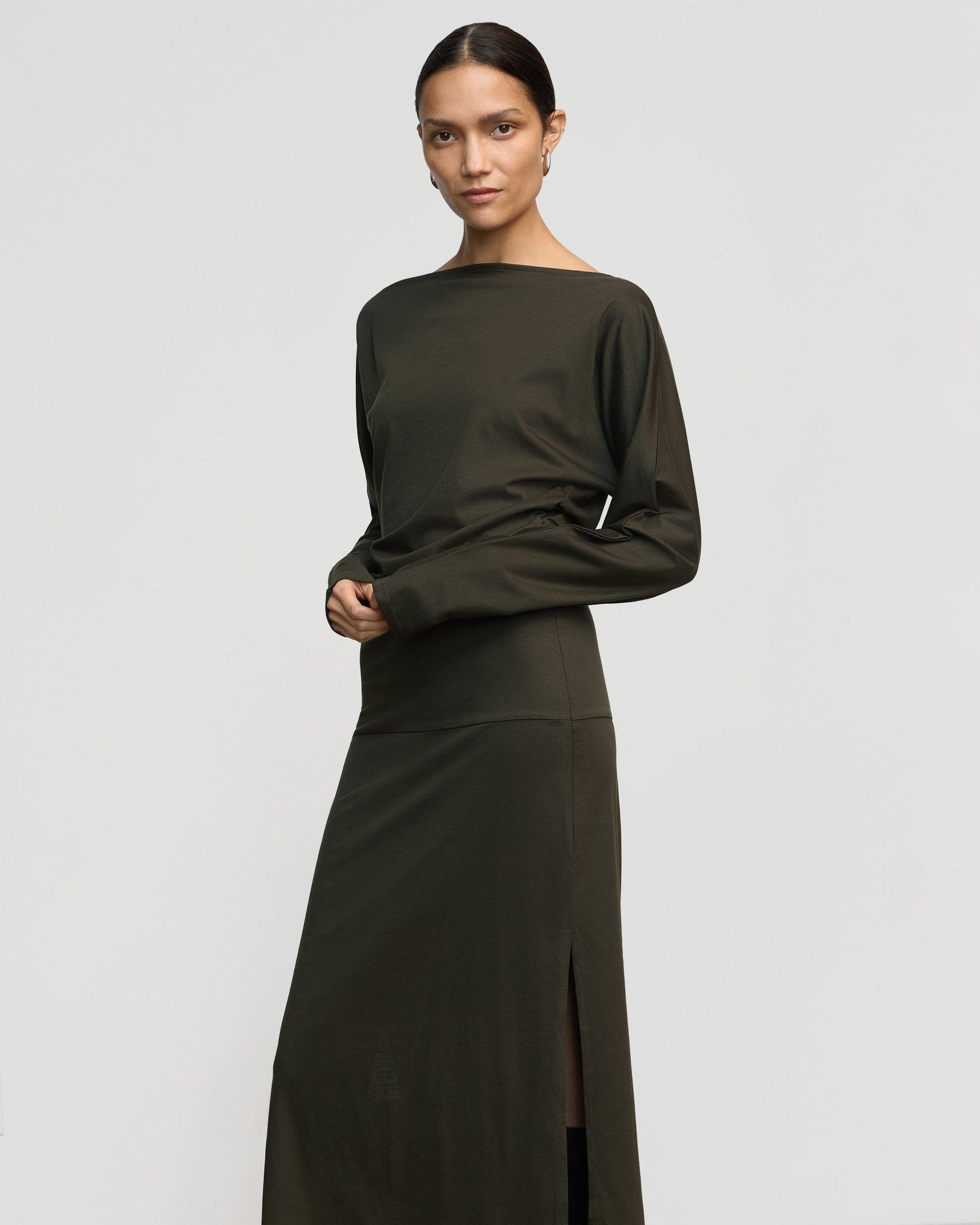 Charlotte | Kezia Off-Shoulder Satin Jersey Dress in Size Small