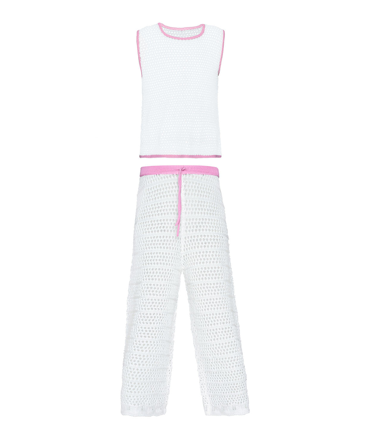 Kids White Chloe Set — a playful white crochet outfit with pink accents and a drawstring waist, perfect for sunny adventures.