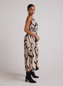 Knife Pleat Halter Maxi Dress | Ivory Mosaic Print
