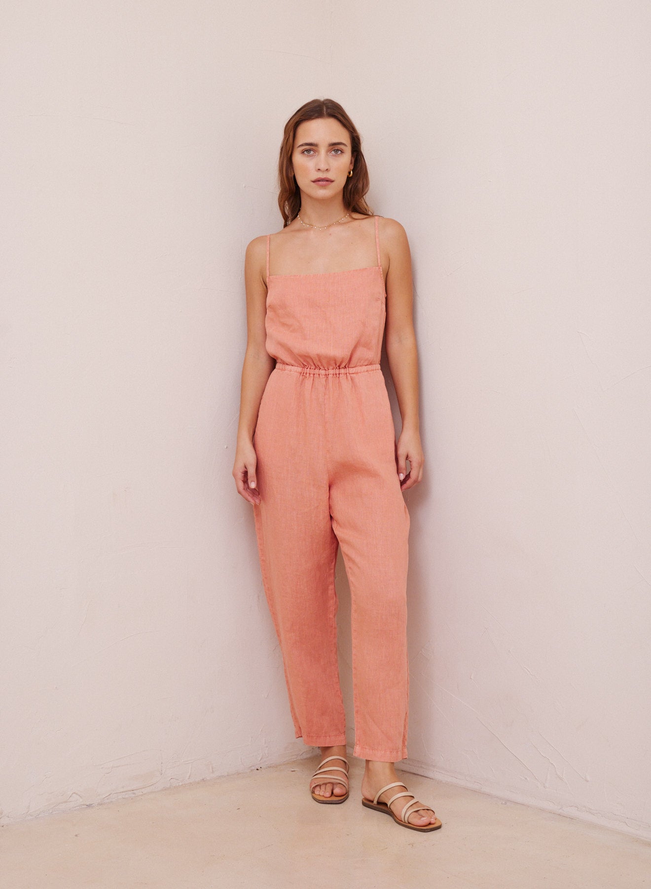 Linen Tie Back Jumpsuit | Coral Clay