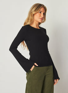 Long Bell Sleeve Rib Crew Tee | Black
