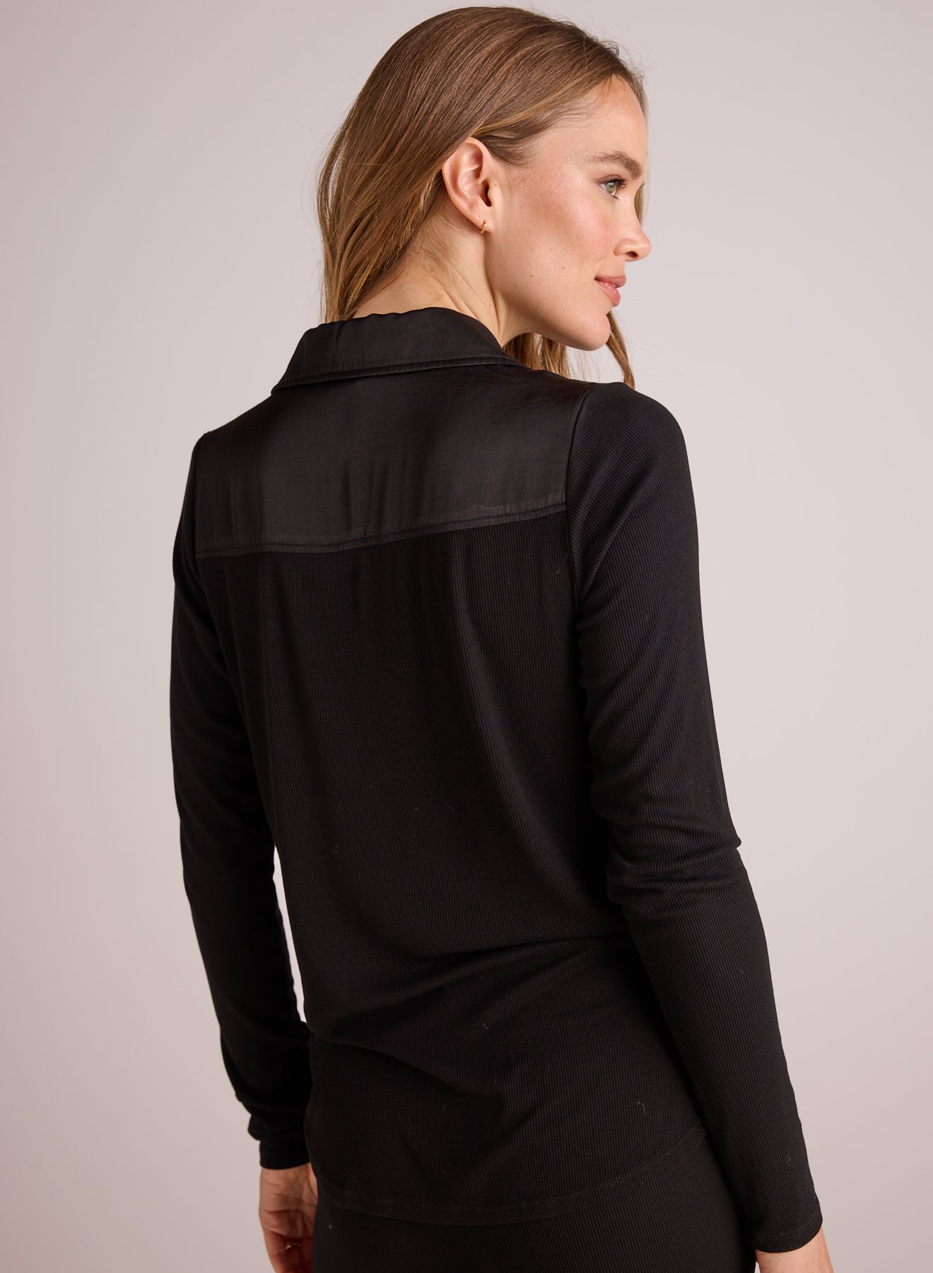 Long Sleeve Rib Mix Shirt | Black