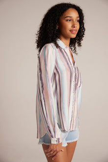 Long Sleeve Rounded Hem Button Down | Coastal Stripe Print