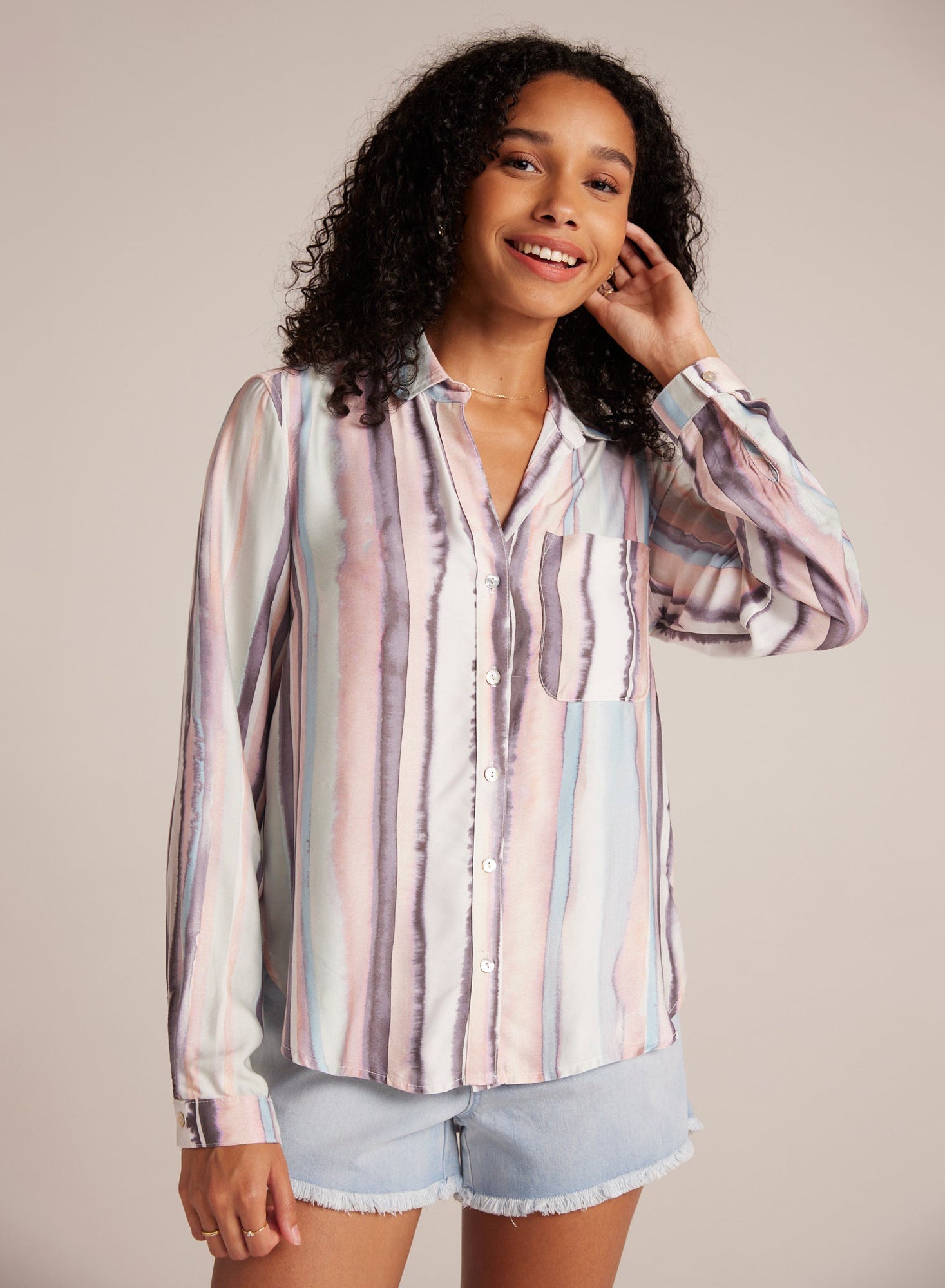 Long Sleeve Rounded Hem Button Down | Coastal Stripe Print