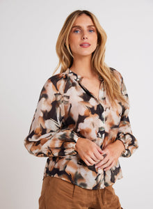 Long Sleeve Shirred Raglan Shirt | Harvest Floral Print