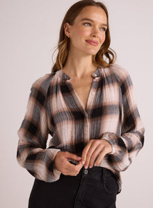 Long Sleeve Shirred Raglan Shirt | Winter Taupe Plaid
