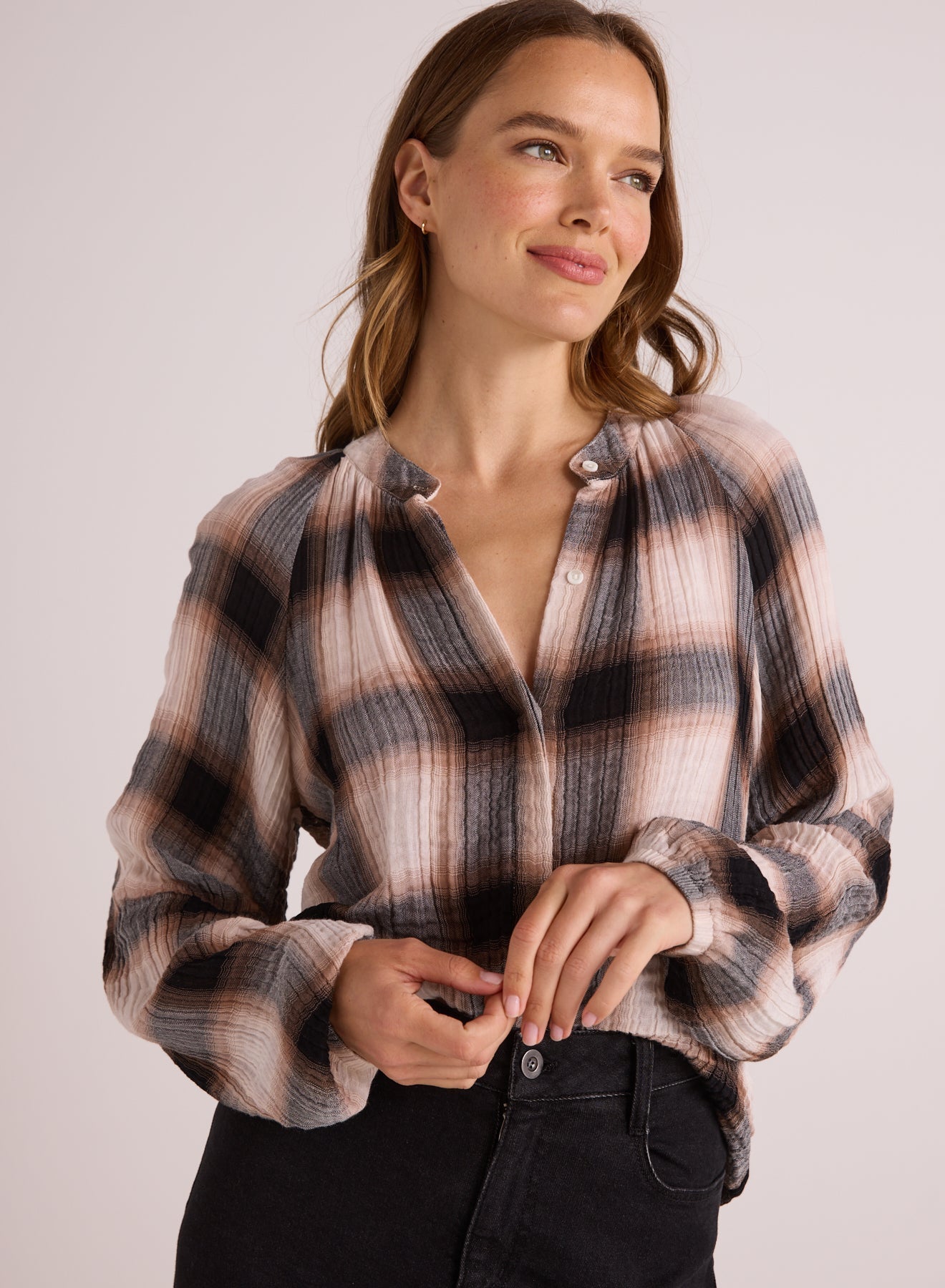 Long Sleeve Shirred Raglan Shirt | Winter Taupe Plaid