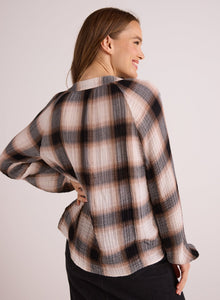 Long Sleeve Shirred Raglan Shirt | Winter Taupe Plaid