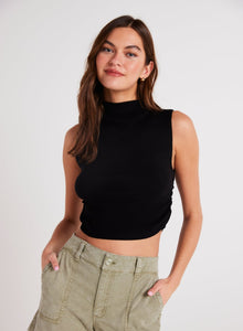 Mock Neck Linen Jersey Top | Black