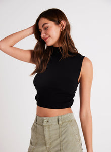 Mock Neck Linen Jersey Top | Black