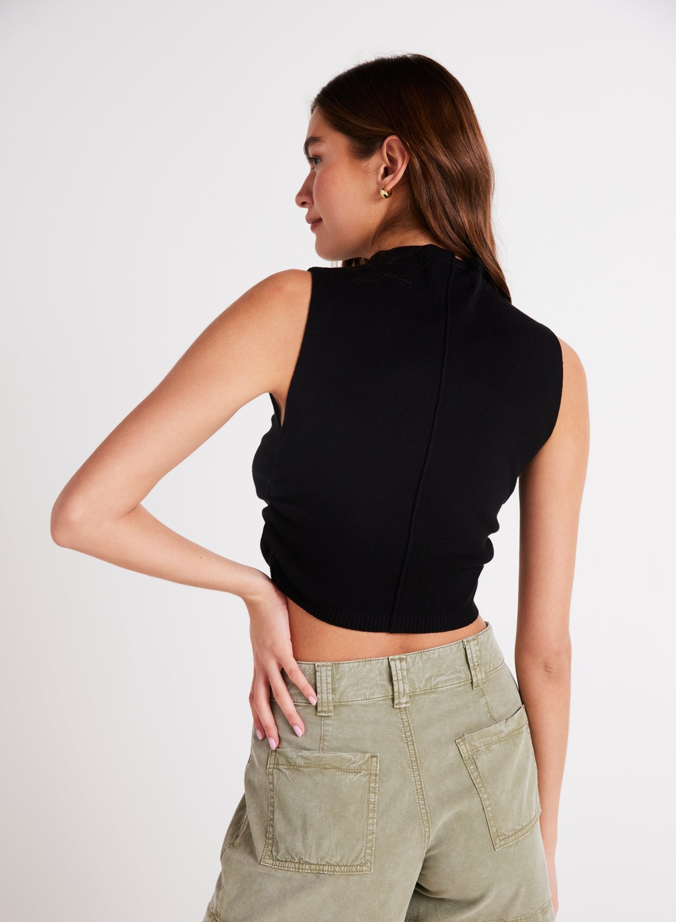 Mock Neck Linen Jersey Top | Black