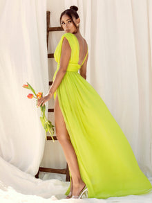 Valley Of Angels Chiffon Pleated High Slit Maxi Dress | Lime