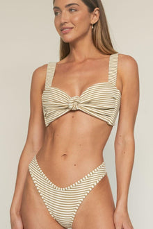 Neutral striped bikini bottom with horizontal stripes and curved scalloped neckline detail.