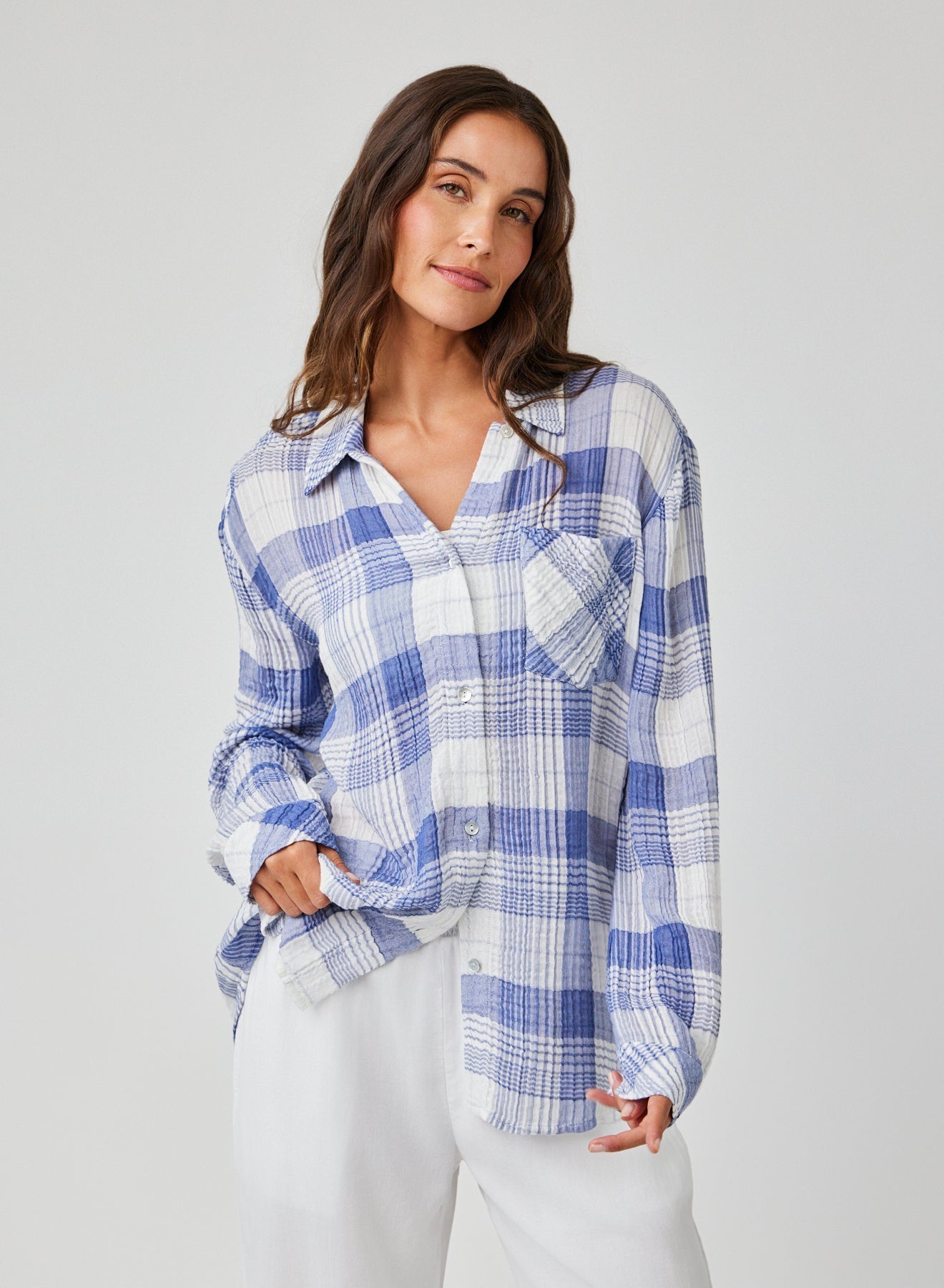 Oversized Shirt with Pocket | Pacific Blue Plaid