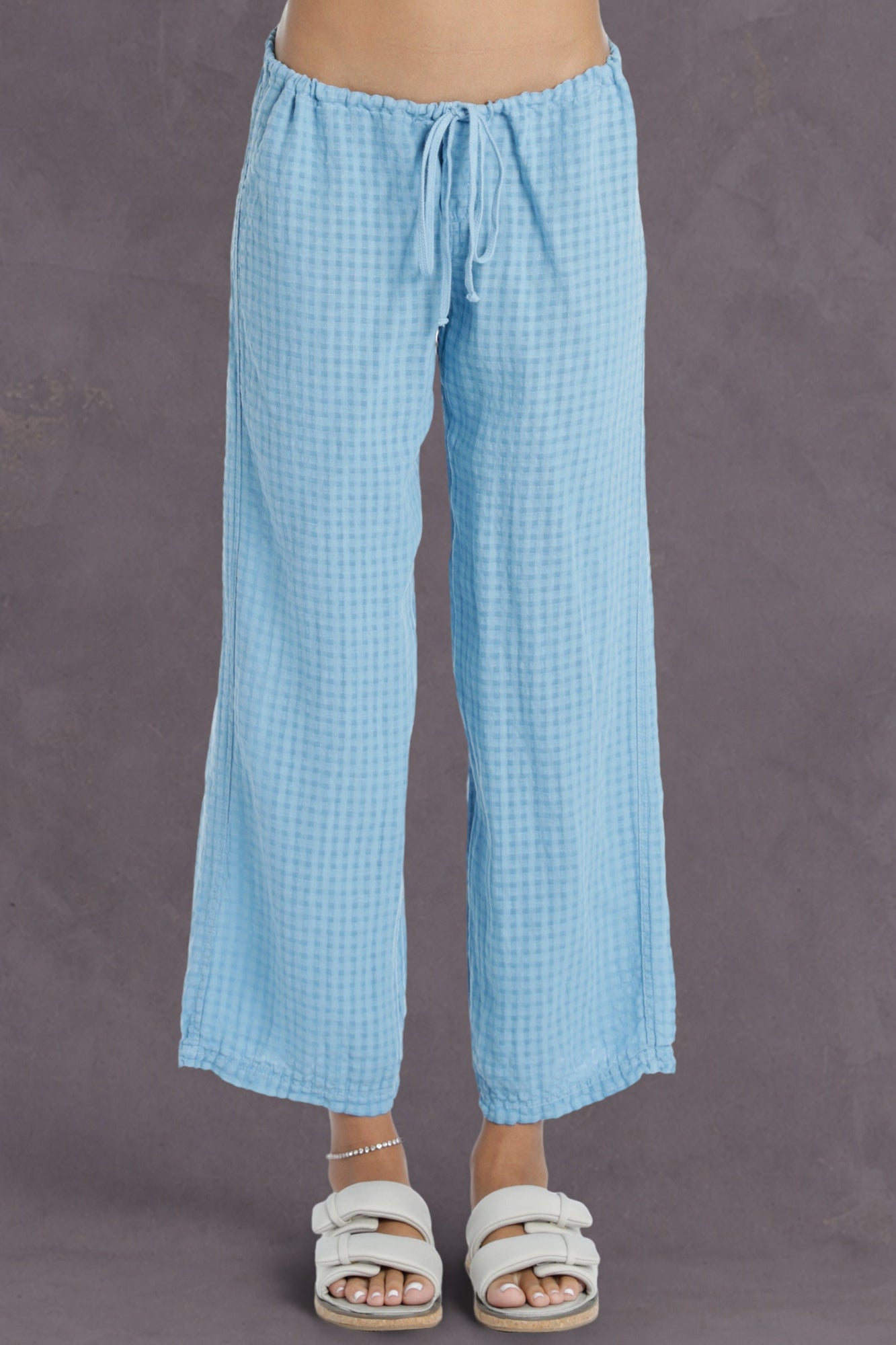 Women | Puckered Gingham Fly Front Linen Skipper | Sky