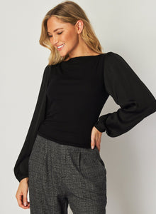 Ruched Waist Flowy Sleeve Top | Black