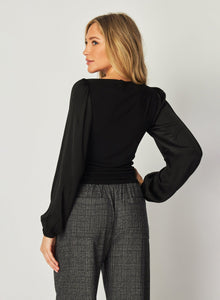Ruched Waist Flowy Sleeve Top | Black