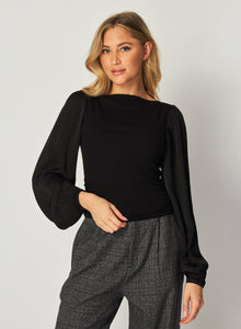 Ruched Waist Flowy Sleeve Top | Black