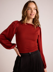 Ruched Waist Flowy Sleeve Top | Rustic Red