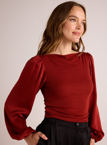Ruched Waist Flowy Sleeve Top | Rustic Red