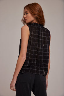 Ruffle Neck Tank | Stippled Plaid Print