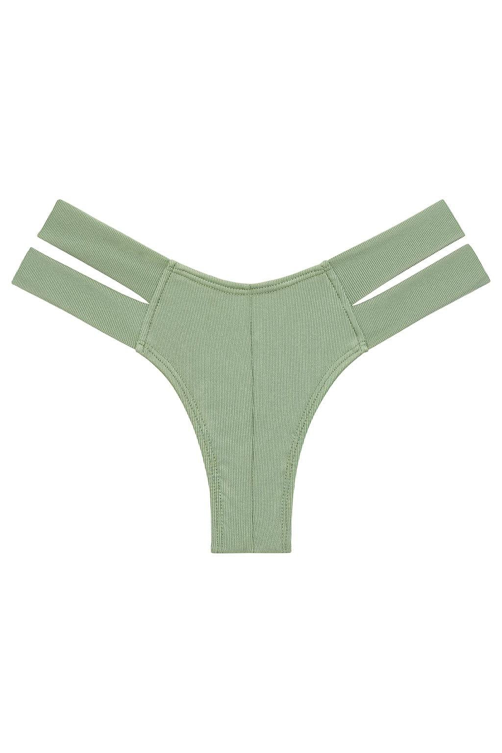 Sage green ribbed bikini bottom with cutout sides and thong-style cut.