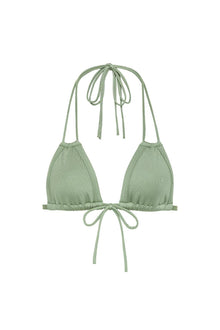 Sage green ribbed bikini top with triangle cups and adjustable tie closures at neck and center front.