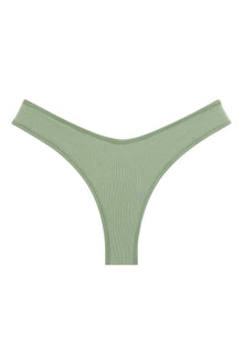 Sage green ribbed bikini bottom with high-cut sides and thong coverage.
