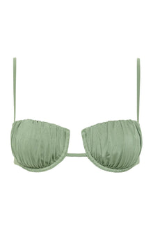 Sage green ribbed bikini top with petal-shaped cups and thin shoulder straps.