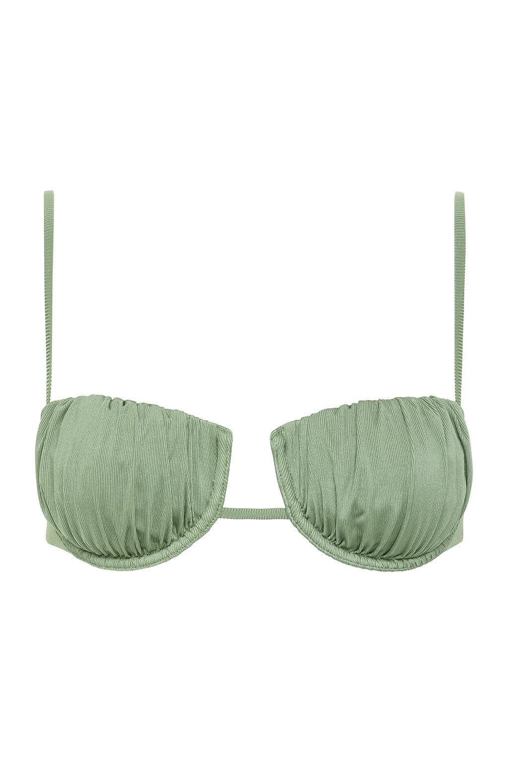 Sage green ribbed bikini top with petal-shaped cups and thin shoulder straps.