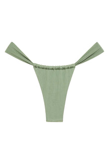 Sage green ribbed bikini bottom with ruched waistband and thin side straps.