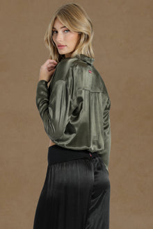 Women | Satin Drawstring Blouse | Olive