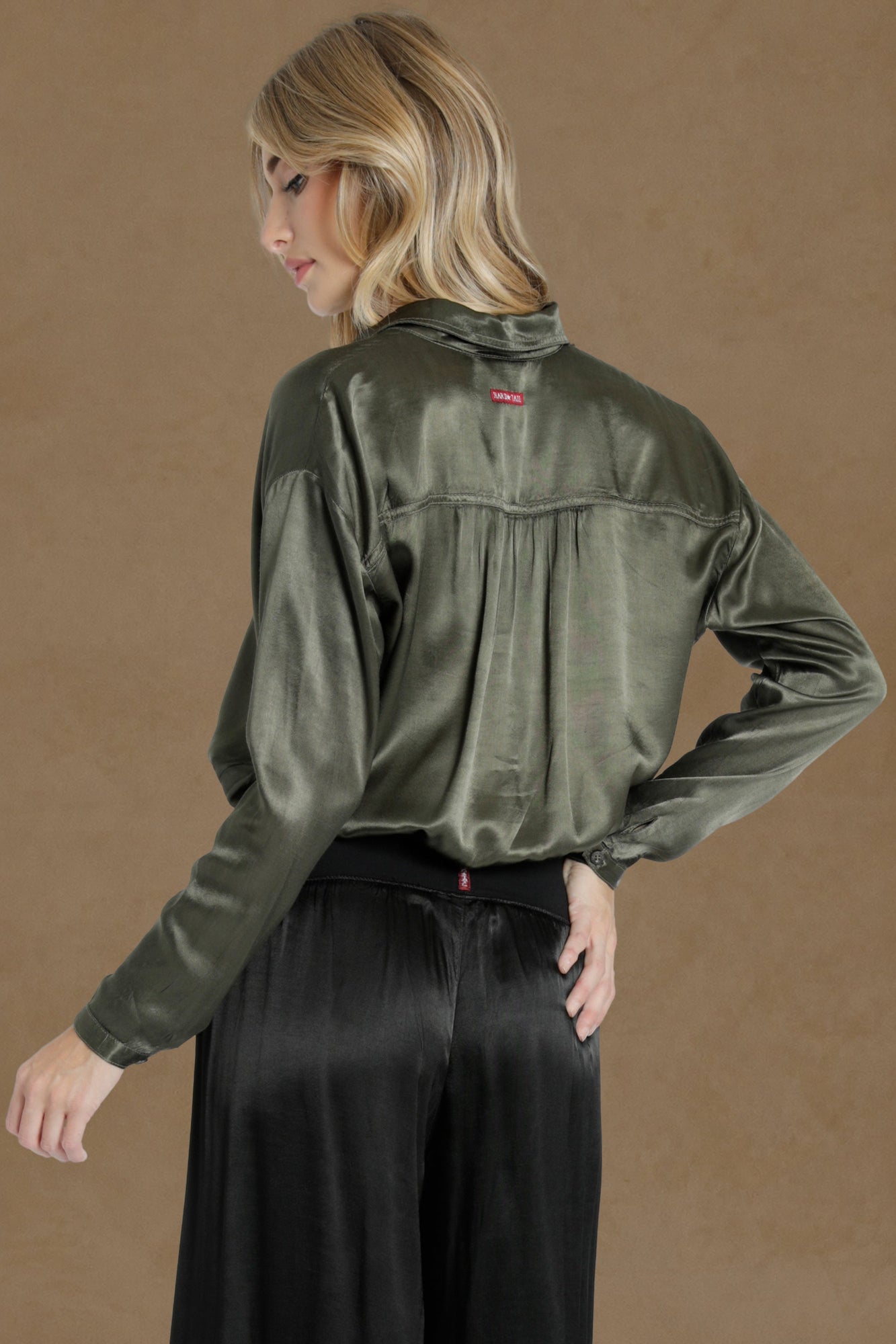 Women | Satin Drawstring Blouse | Olive
