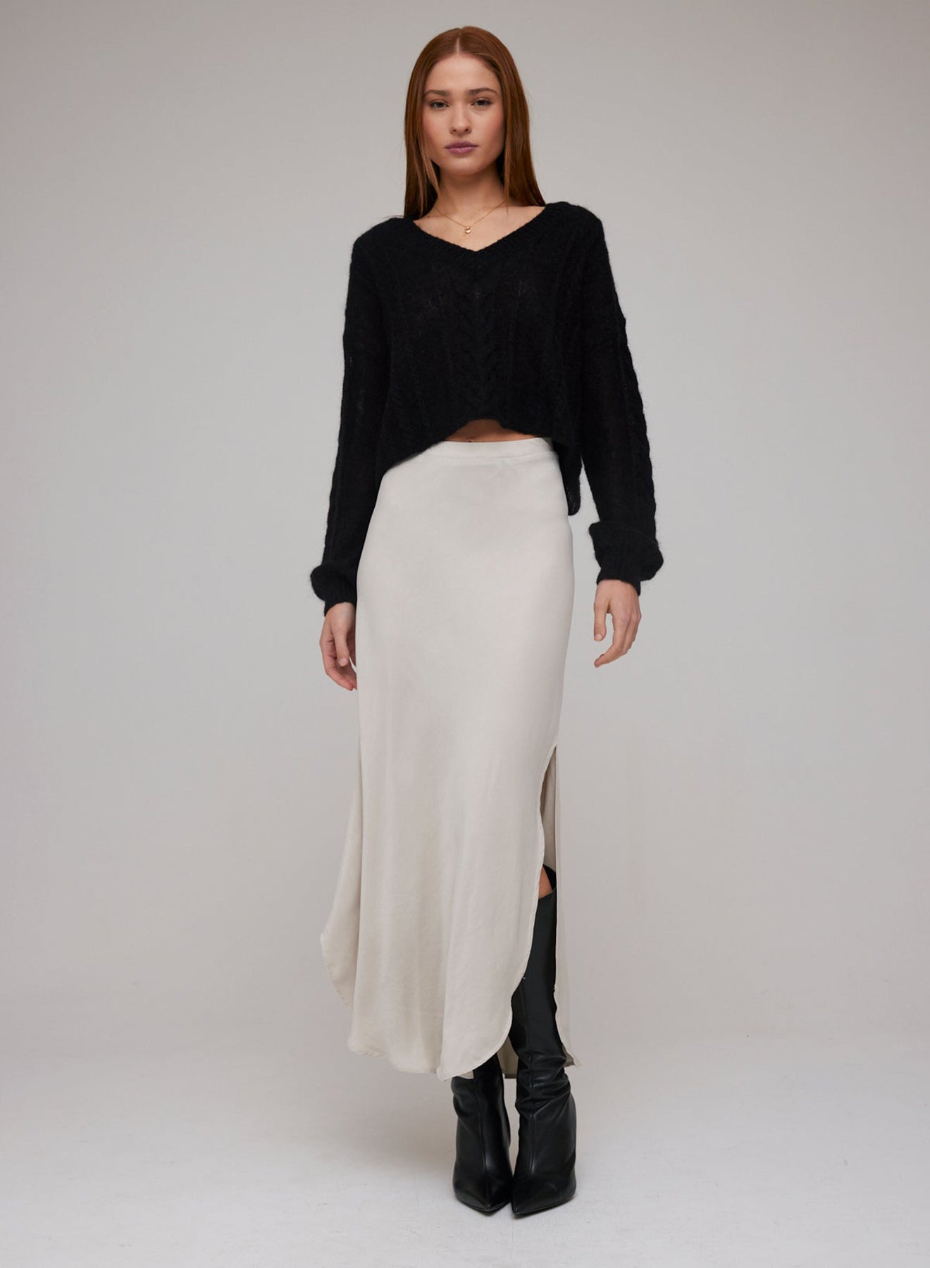 Asymmetric Side Slit Bias Skirt | French Grey