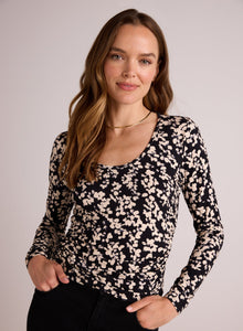 Scoop Neck Shirred Long Sleeve Knit Top | Ditsy Floral Print