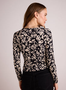 Scoop Neck Shirred Long Sleeve Knit Top | Ditsy Floral Print