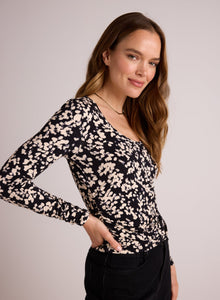 Scoop Neck Shirred Long Sleeve Knit Top | Ditsy Floral Print