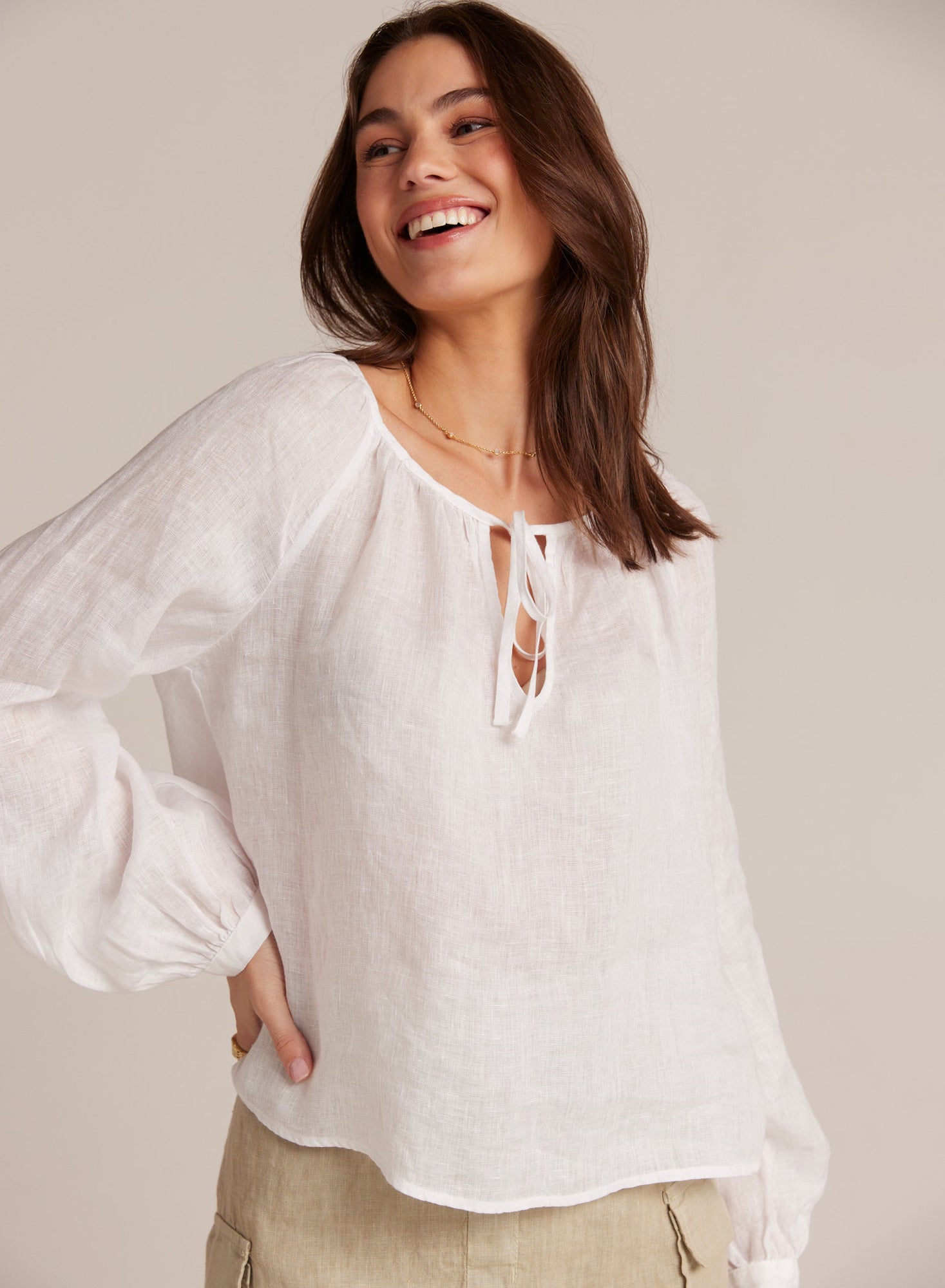 Shirred Linen Raglan Blouse | White