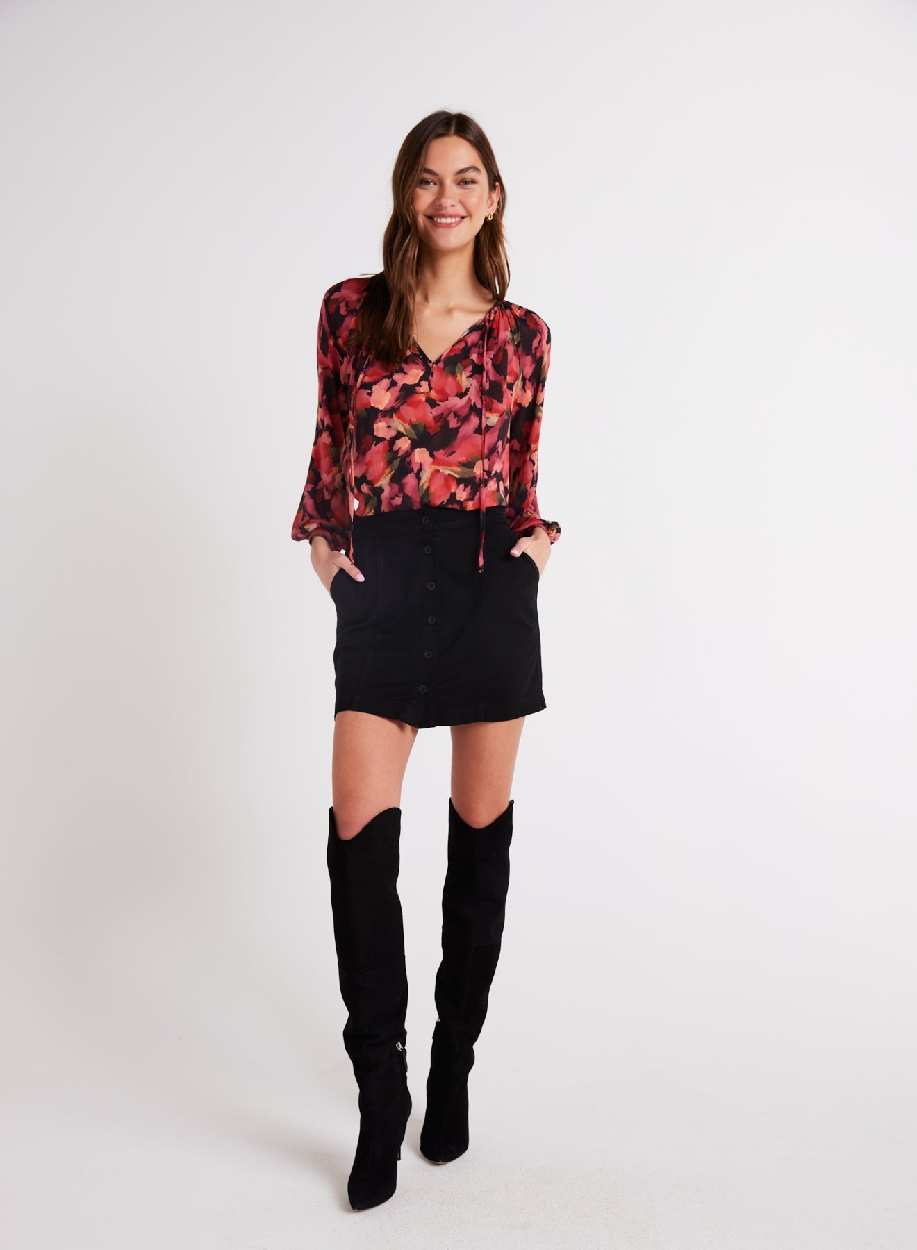 Shirred Raglan Tie Front Blouse | Autumn Bloom Print